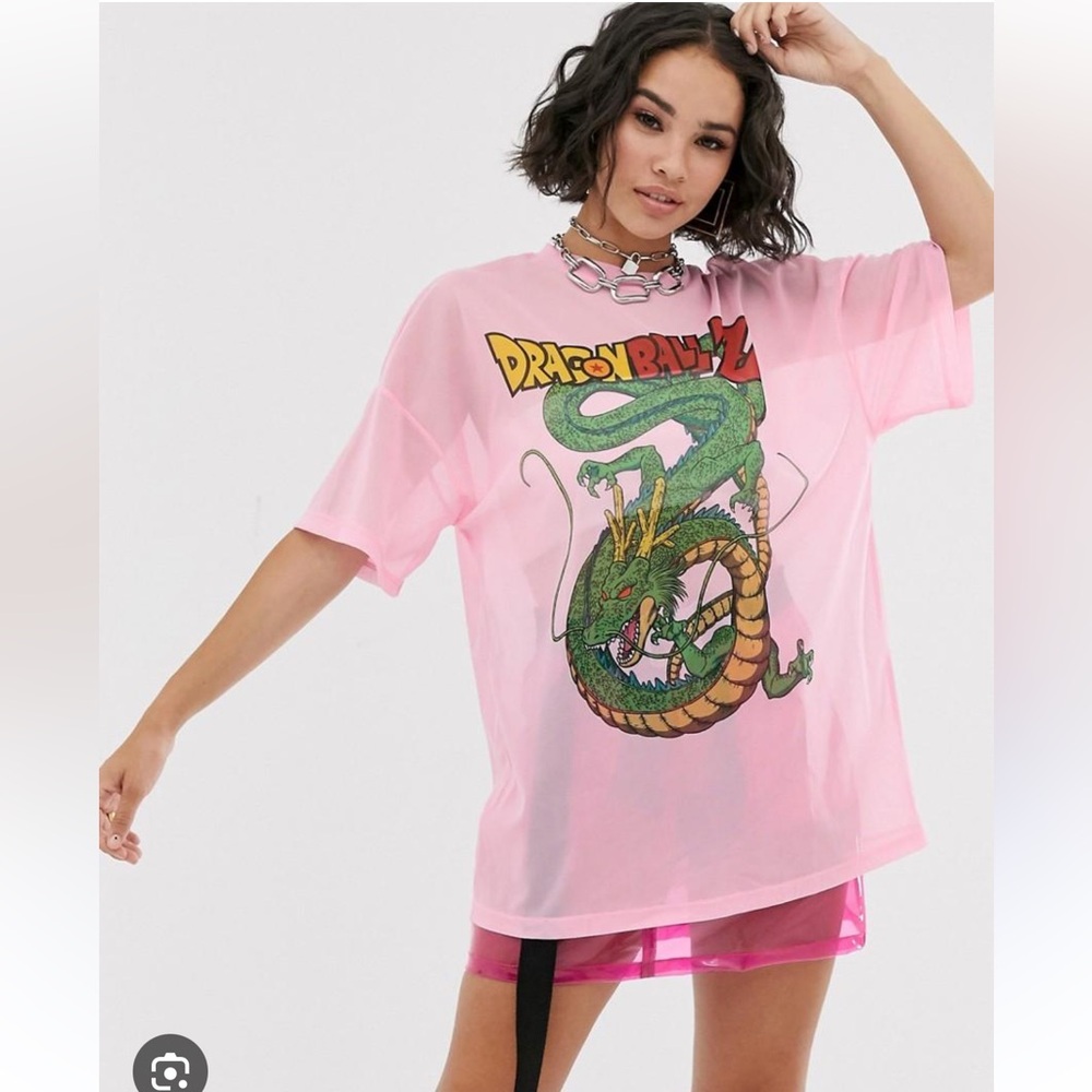 BERSHKA X DRAGON BALL Z Pink Mesh Printed T-Shirt Size Medium Unisex Style